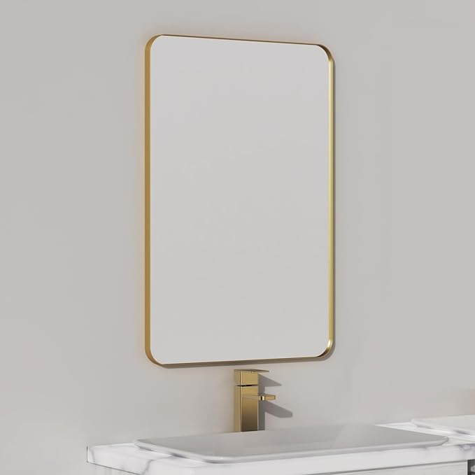 VocalStar Gold Bathroom Mirror for Wall, 24 x 36 Inch Metal Framed Rounded Rectangle Vanity Mirror Modern Farmhouse, 1/4-inch Shatterproof Glass | Ultra-Flush Hanging
