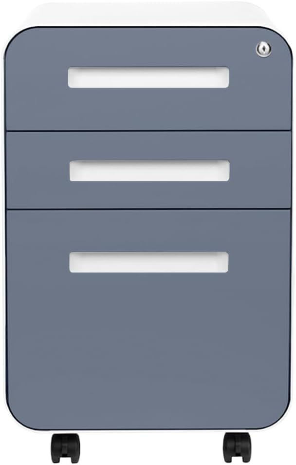 Laura Davidson Furniture Stockpile 3 Drawer File Cabinet with Lock - Under Office Desk Metal Filing Cabinet, Legal/Letter File Folders, Wheels and Stationary Feet, Pre-Assembled, Coastal Blue