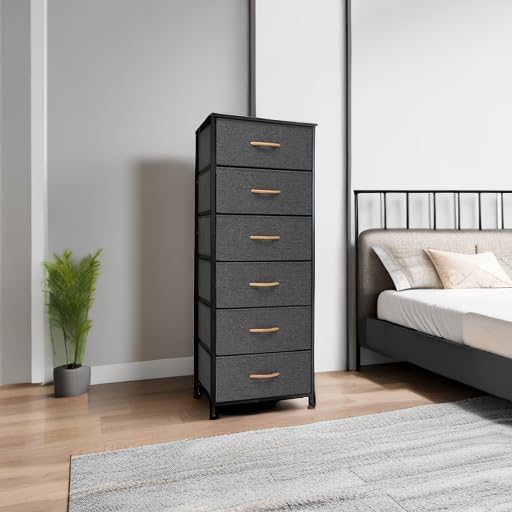 Crestlive Products Vertical Dresser Storage Tower - Sturdy Steel Frame, Wood Top, Easy Pull Fabric Bins, Handles Organizer Unit for Bedroom, Hallway, Entryway, Closets 6 Drawers (Gray)