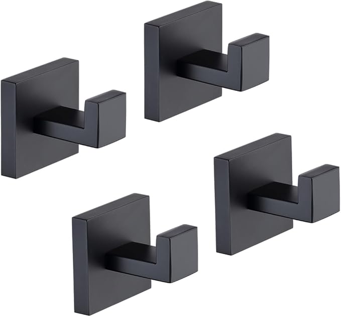 TASTOS Bath Towel Hooks Matte Black, 4 Pack Stainless Steel Robe Coat and Clothes Hook, Heavy Duty Wall Hook for Bathroom & Kitchen, Modern Square Style Wall Mounted