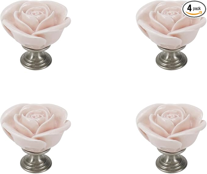 4pcs Light Pink Rose Flower Ceramic Knobs for Cabinet Drawer Door Pull Handles Dresser