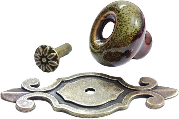 10 Pack Retro Ceramic Knobs,Vintage Dresser Kitchen Petal Cabinet Pulls Rustic Zinc Alloy Base Back Plate Kid Cupboard Wardrobe Drawer Door Handles (Leopard Print Green)
