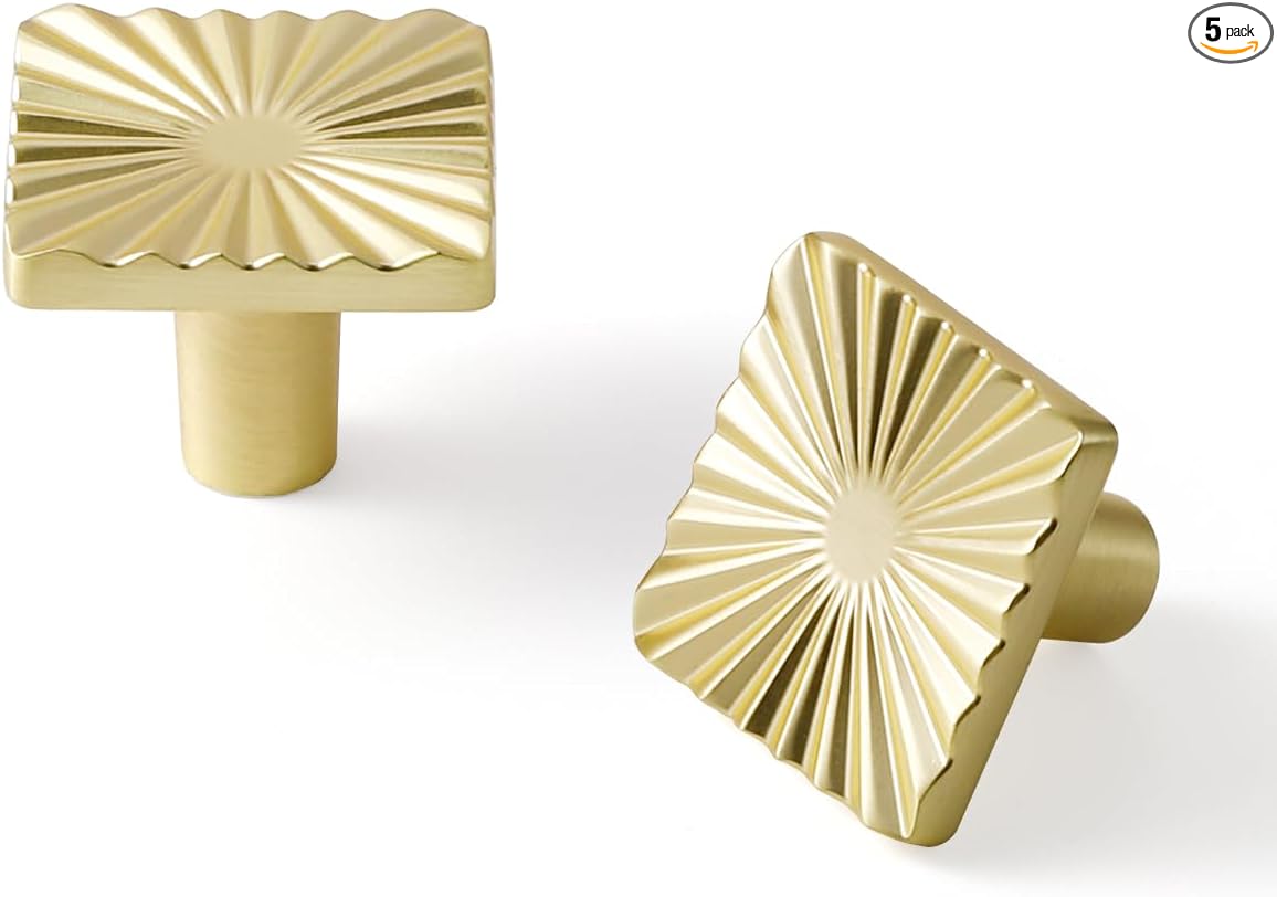 5 Pack Gold Cabinet Knobs Square Brushed Brass Drawer Pulls Bathroom Dresser Handles Hardware Zinc Alloy