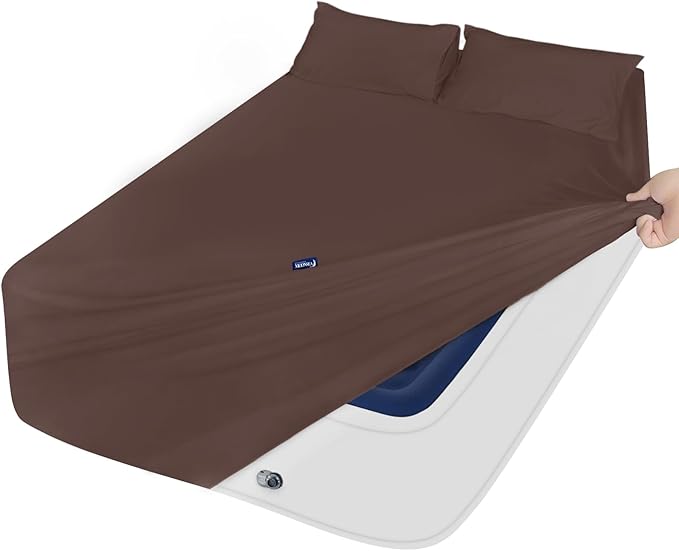California King Sheet Sets for Air Mattress - Extra Deep Pocket Cal King Sheet Set - 3Pcs Side Storage Pocket Fitted Sheet & Pillowcases Easily Fits 16in to 24in Pillow Top Air Bed Mattress - Brown