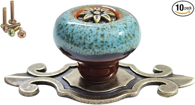 10 Pack Retro Ceramic Knobs,Vintage Dresser Kitchen Petal Cabinet Pulls Rustic Zinc Alloy Base Back Plate Kid Cupboard Wardrobe Drawer Door Handles (Leopard Print Blue)
