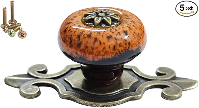 5 Pack Retro Ceramic Knobs,Vintage Dresser Kitchen Petal Cabinet Pulls Rustic Zinc Alloy Base Back Plate Kid Cupboard Wardrobe Drawer Door Handles (Leopard Print Orange)