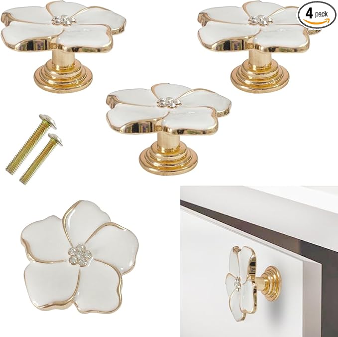4 pcs Flower Petal Knobs,Creative Silver Flower Drawer Pulls Handles with Screws Single Hole Handle for Cabinet, Dressing ，Home Decor Handles (White)