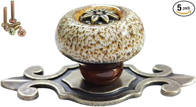 5 Pack Retro Ceramic Knobs,Vintage Dresser Kitchen Petal Cabinet Pulls Rustic Zinc Alloy Base Back Plate Kid Cupboard Wardrobe Drawer Door Handles (Leopard Print White)