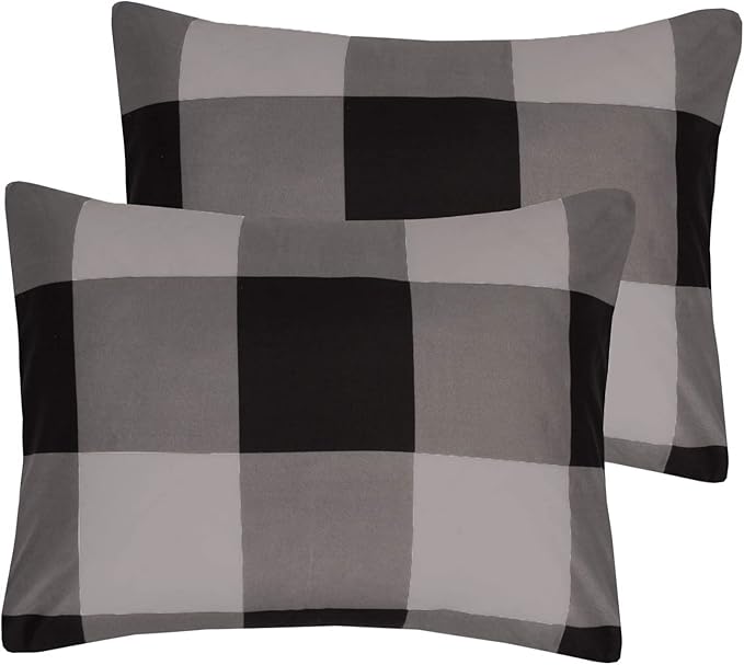 7 Piece Comforter Set Bag Solid Color All Season Soft Down Alternative Blanket & Luxurious Microfiber Bed Sheets, King, Buffalo Plaid Black/Gray
