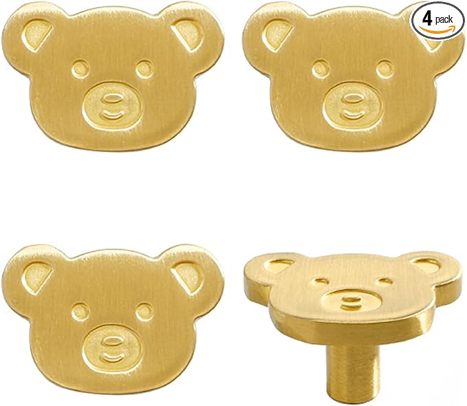 4Pcs Cute Brass Knobs for Kids, Children's Room Nursery Drawer Cupboard Handles for Boys and Girls (Bear, Size: 1.5" L x 1" W)