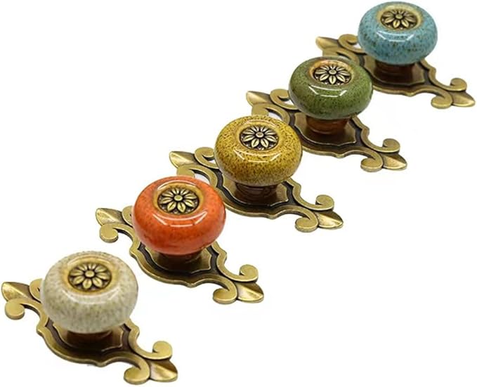 10 Pack Retro Ceramic Knobs,Vintage Dresser Kitchen Petal Cabinet Pulls Rustic Zinc Alloy Base Back Plate Kid Cupboard Wardrobe Drawer Door Handles (Leopard Print Green)
