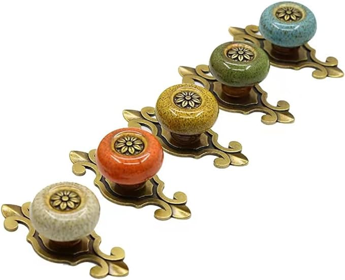 5 Pack Retro Ceramic Knobs,Vintage Dresser Kitchen Petal Cabinet Pulls Rustic Zinc Alloy Base Back Plate Kid Cupboard Wardrobe Drawer Door Handles (Leopard Print Yellow)
