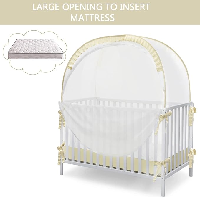 Baby Safety Crib Tent, Pop Up Canopy for Crib to Stop Baby from Climbing Out, Infant Mesh Cover Mosquito Net with Sturdy Frame & Soft Mesh, Beige, (R07-beige)
