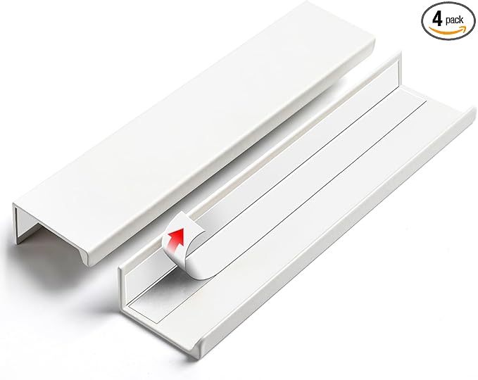 5 Pack 6 inch self Adhesive Cabinet pulls Adhesive Cabinet Handles Finger pulls for cabinets Drawer pulls Warm White Stick on Handles Concealed Finger pulls for Cabinet Edge Seam Flat Handles