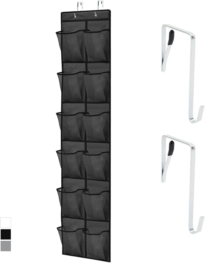 GORILLA GRIP Over the Door Shoe Organizer, 12 Large Breathable Mesh Pockets, Space Saving Hanging Storage Holder, 2 Hook Closet Rack Hanger, Hangs on Closets for Shoes, Accessories, 64H x 9.5W Black
