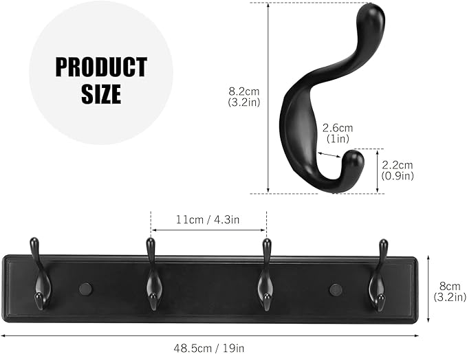 Wooden Coat Rack, Wall-Mounted Organizer for Closet, Entryway, Hallway, Foyer, Bedroom, Heavy Duty Double Hooks for Hanging Towels, Bags, Hats, Jackets, Key (Black, 4 Hooks)