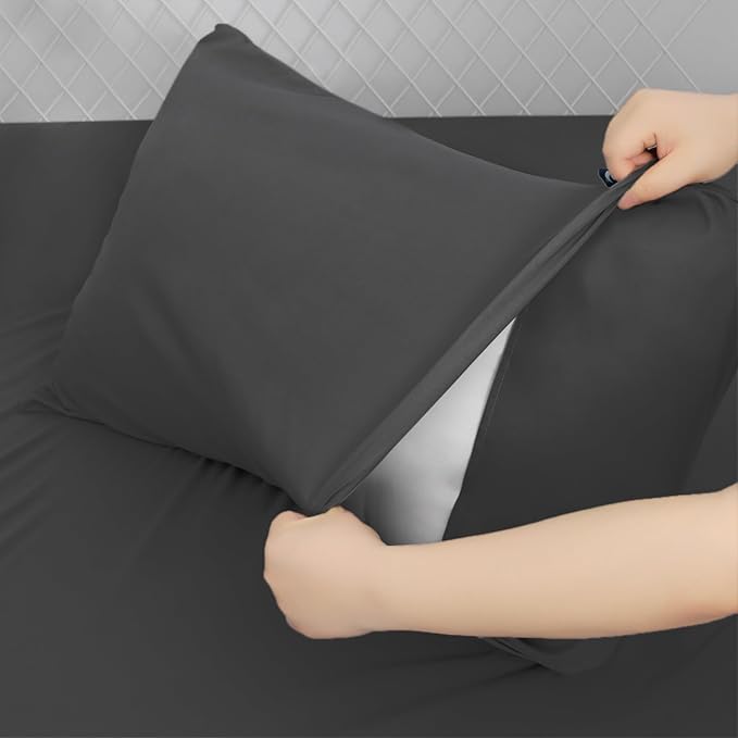 King Size Sheets Set for Air Mattress - Deep Pocket King Sheet Set - 3Pcs Side Storage Pocket Fitted Sheet & Pillowcases Easily Fits 16in to 24in Pillow Top Bed Mattress, Black
