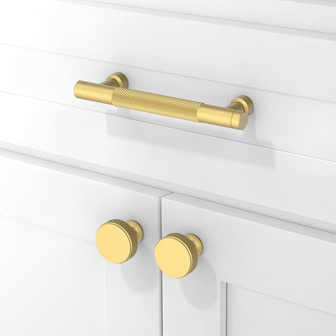 10 Pack Brushed Gold Knurled Cabinet Pulls 3.75 Inch(96mm) Kitchen Cabinet Handles Solid Zinc Alloy Cabinet Hardware Drawer Pulls