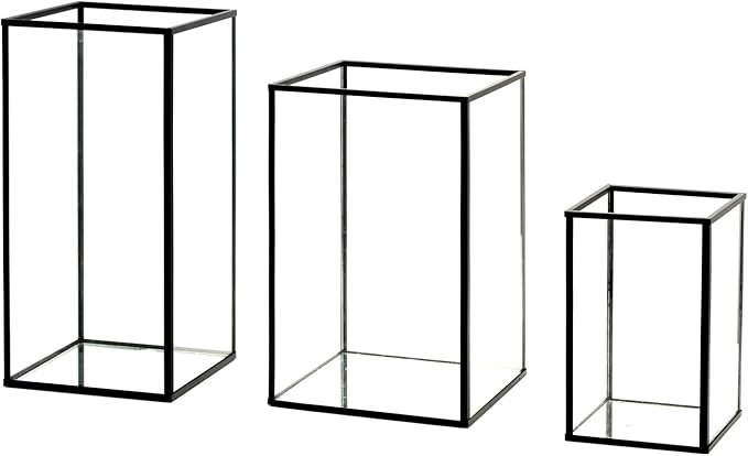 PHOSPHOR Glass Hurricane Candle Holder Set of 3 PCS Large Glass Square Candle Holder Black Lanterns Decorative for Pillar Candle Indoor Candle