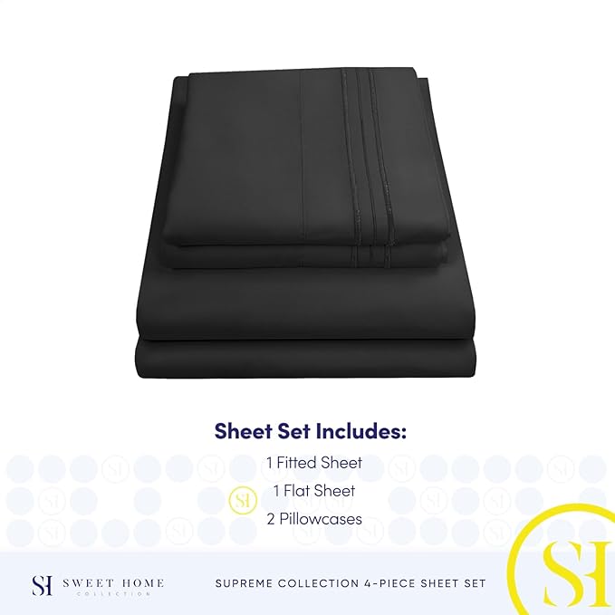 California King Sheet Sets - Breathable Luxury Sheets with Full Elastic & Secure Corner Straps Built In - 1800 Supreme Collection Deep Pocket Bedding, Sheet Set, EXTRA DEEP pocket - Cal King, Black