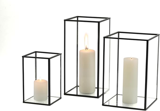PHOSPHOR Glass Hurricane Candle Holder Set of 3 PCS Large Glass Square Candle Holder Black Lanterns Decorative for Pillar Candle Indoor Candle