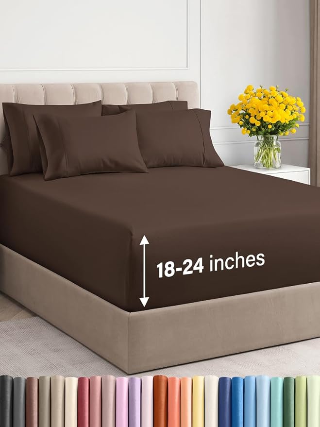 Extra Deep Full Sheet Set - 6 Piece Breathable and Cooling Sheets - Hotel Luxury Bed Sheets Set - Easy & Secure Fit - Soft, Wrinkle Free and Comfy Sheets Set - Brown Sheet Set with Extra Deep Pockets