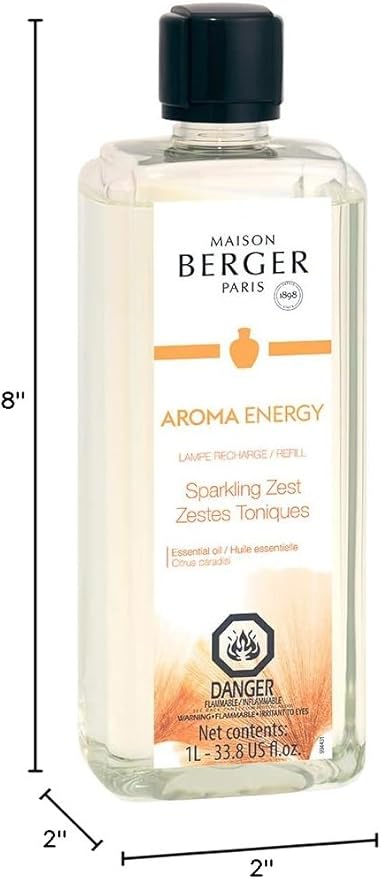Maison Berger Sparkling Zest Fragrance Refill – 1 Liter (33.8 Fluid Ounces) Lampe Berger Oil for Home Diffuser, Air Freshener Citrus Grapefruit Scent, 160 Hours Aroma, Essential Oil