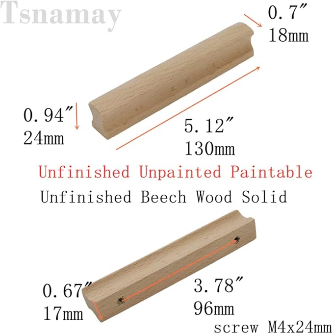 10Pcs Unfinished Beech Wood Solid Furniture Pulls Handles,Unfinished Unpainted Paintable Wooden Handles Cupboard Closet Drawer Handle Pull,Length 5.12",Hole Dis.3.78"