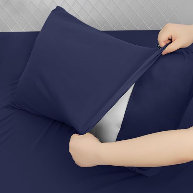 Queen Sheet Set for Air Mattress - Sheets Queen Size Bed Set - 3Pcs Side Storage Pocket Fitted Sheet & Pillowcases Easily Fits 16in to 24in Pillow Top Air Bed Mattress - Navy Blue