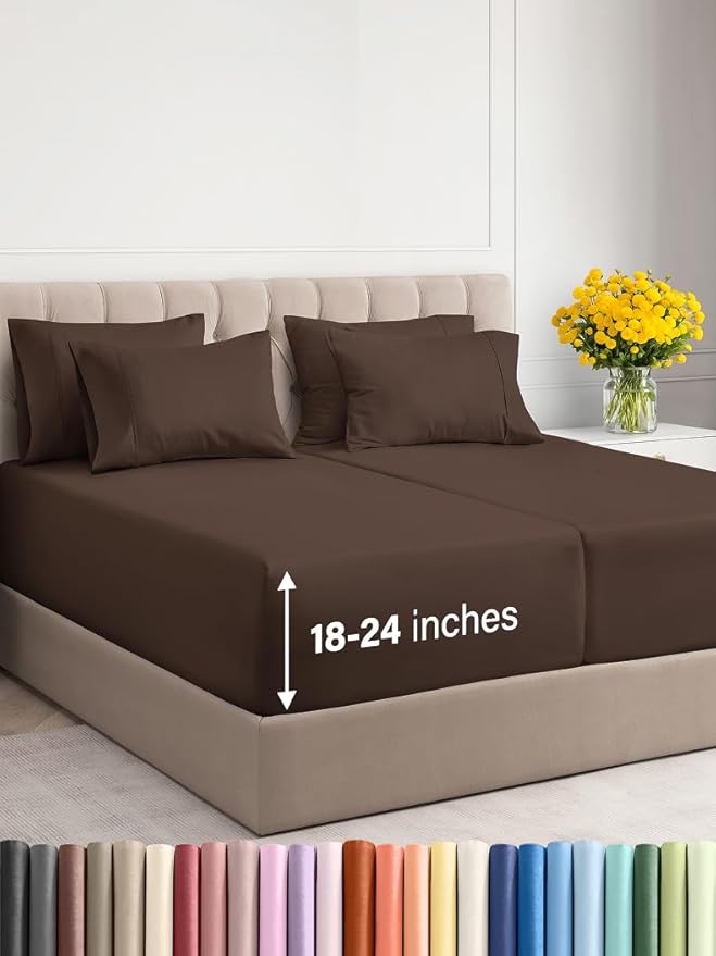 Extra Deep Split King Sheet Set - 7 Piece Breathable & Cooling Sheets - Hotel Luxury Bed Sheets Set - Easy & Secure Fit - Soft, Wrinkle Free & Comfy Sheets Set - Brown Sheet Set w/Extra Deep Pockets