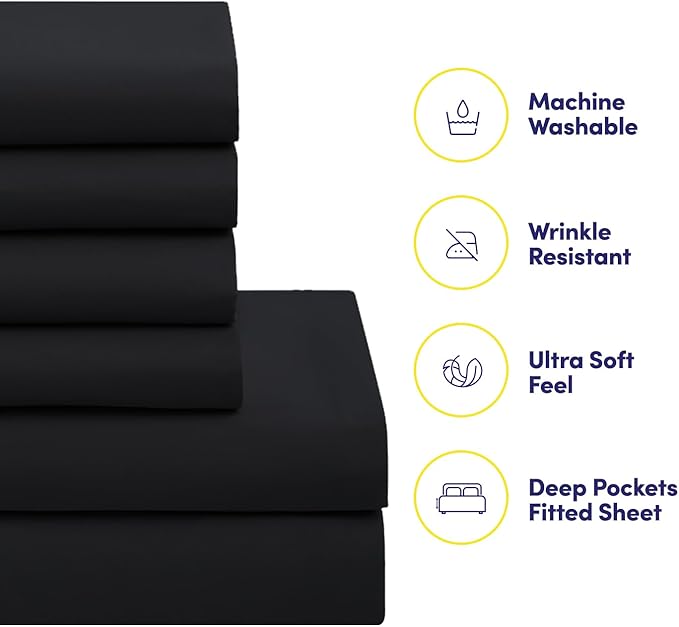 Full Size Comforter Set with Sheets - 7-Piece Bedding Collection - 1 Comforter, 1 Fitted Sheet, 1 Flat, 4 Pillowcases - Deep Pocket - Soft & Breathable Premium Quality - Ideal for All Seasons, Black
