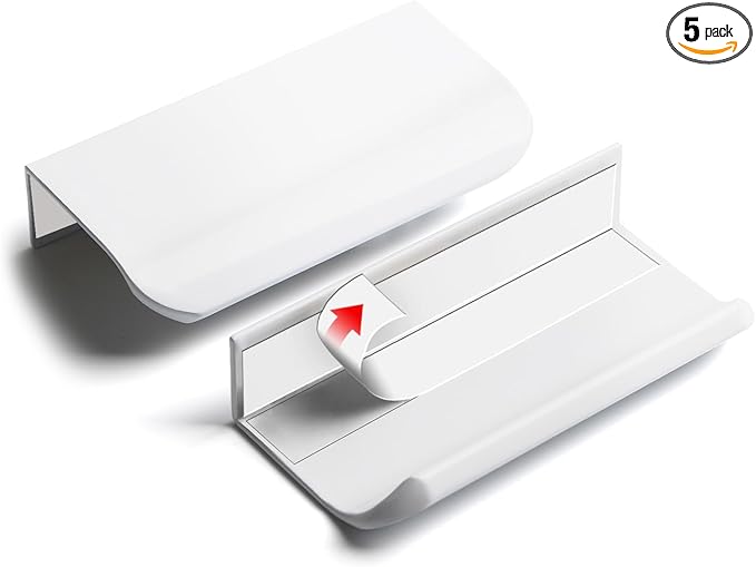 5 Pack 3 inch self Adhesive Cabinet pulls Adhesive Cabinet Handles Drawer Edge pulls Bright White Stick on Handles for Cabinet Finger pulls for cabinets Concealed Seam Flat Drawer Handles