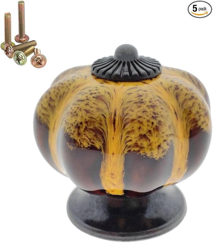 5 Pack Vintage Ceramic Pumpkin Cabinet Knobs, Kitchen Cabinet Drawers Dresser Cupboard Pull Handles Door Pulls with 5 Kinds of Screws (Leopard Print -Yellow)