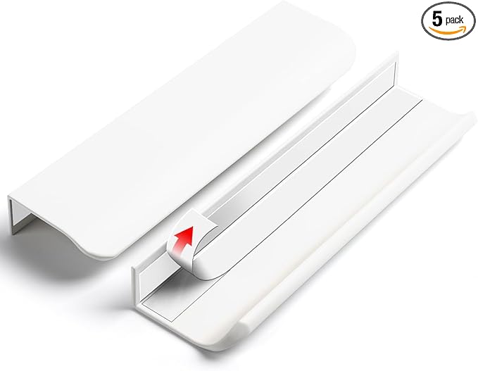 5 Pack 6 inch self Adhesive Cabinet Handles Warm White Adhesive Cabinet pulls Drawer Edge pulls Stick on Handles for Cabinet Finger pulls for Concealed Drawer Handles Flat