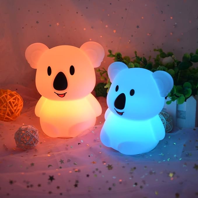 Koala Night Light for Kids Silicone Bedside Bedroom Lighting, Baby Nursery Light Sleeping NightLights, Color Changing Lamps - Eye Caring, Adjustable Brightness & Color, Time Setting - Medium