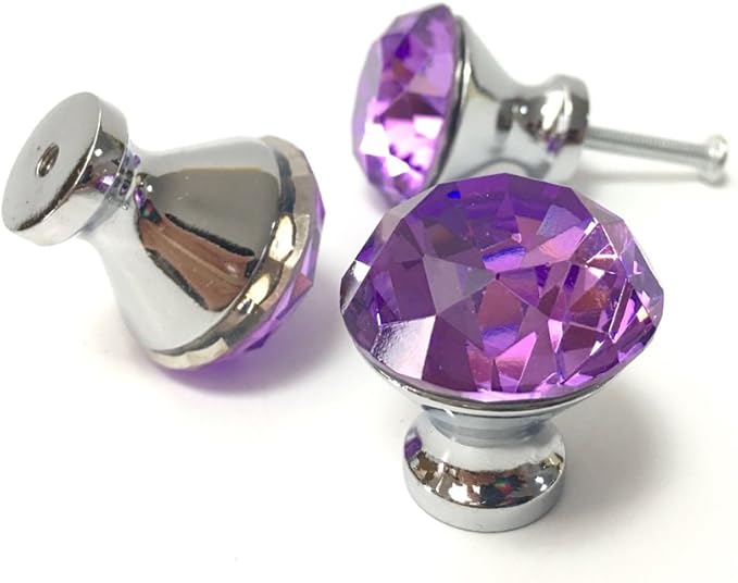 10 Pcs 30mm Silver Plated Base Diamond Shape Crystal Glass Cabinet Knob Drawer Knob Pull Handle Used for Kitchen, Dresser, Door, Cupboard (Purple)