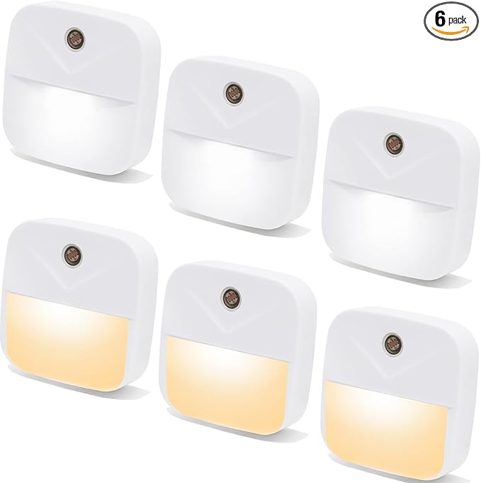 6 Pack Night Light Plug in, LED Nightlights Smart Dusk to Dawn Sensor, Plug into Wall Nightlights Suitable for Bedroom, Bathroom, Hallway, Kitchen, Stairs, Kids Room, 3pcs Warm White & 3pcs White