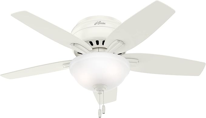 Hunter 42 inch Indoor Ceiling Fan with LED Light - White Ceiling Fan with Pull Chain, For Bedroom or Living Room, Low Profile Mount, No Remote, 5 Blades, Includes Bulbs - Newsome 51080, Fresh White
