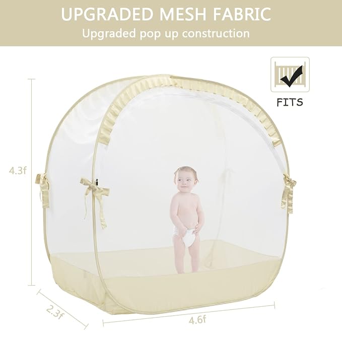 Baby Safety Crib Tent, Pop Up Canopy for Crib to Stop Baby from Climbing Out, Infant Mesh Cover Mosquito Net with Sturdy Frame & Soft Mesh, Beige, (R07-beige)