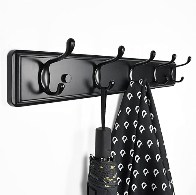 Wooden Coat Rack, Wall-Mounted Organizer for Closet, Entryway, Hallway, Foyer, Bedroom, Heavy Duty Double Hooks for Hanging Towels, Bags, Hats, Jackets, Key (Black, 5 Hooks)