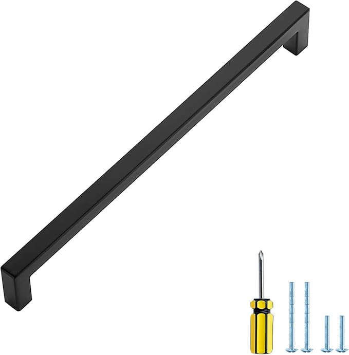 Ravinte 1 Pack Black Cabinet Pulls 12-3/5 Inch Square Cabinet Handles Matte Black Kitchen Hardware for Cabinet Drawer Pulls Come with Screwdriver