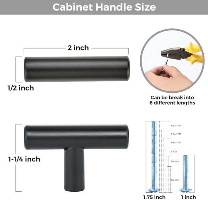 40 Pack Matte Black Cabinet Knobs - Kitchen Cabinet Knobs Black Pulls for Kitchen Drawer Stainless Steel Dresser Hardware 2in Length Single Hole T Bar