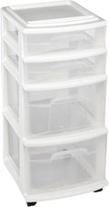 HOMZ Drawer Tower, 4-Tier Clear Plastic Storage Organizer Cart, White Frame – Rolling Containers with Wheels for Bathroom, Bedroom, Office, and Classroom Organization