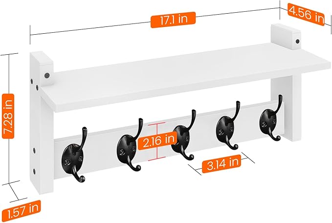 Homode Wall Shelf with Hooks, Coat Rack Wall Mount with Pegs, Hanging Entryway Coat Hanger, Wood and Iron Shelf for Bathroom, Hallway, Bedroom, White