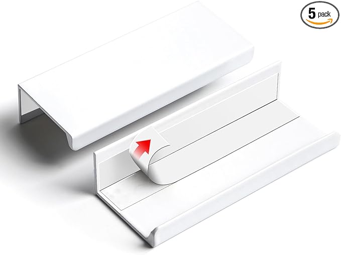 5 Pack 3 inch self Adhesive Cabinet pulls Cabinet Finger pulls Bright White Adhesive Cabinet Handles Concealed Finger pulls for cabinets Drawer pulls Stick on Handles Edge Seam Flat Handles