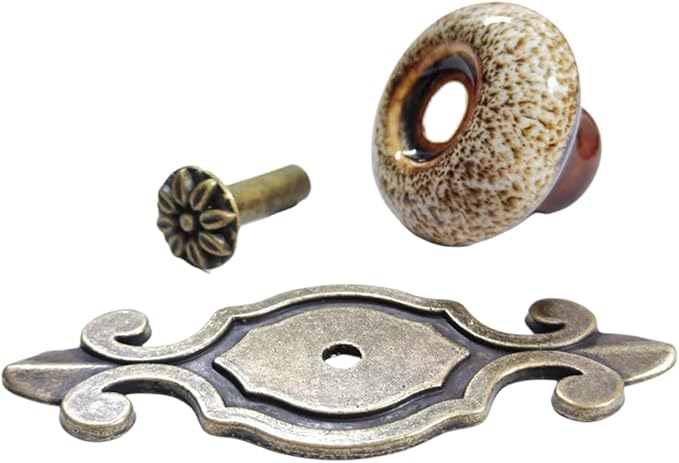 5 Pack Retro Ceramic Knobs,Vintage Dresser Kitchen Petal Cabinet Pulls Rustic Zinc Alloy Base Back Plate Kid Cupboard Wardrobe Drawer Door Handles (Leopard Print White)