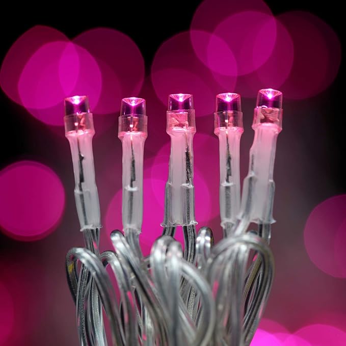 YULETIME 100 ft 300 Count Pink LED String Lights with 8 Models Adapter, Clear Wire Wide Angle 5mm Christmas Lights (Pink - Multimode)