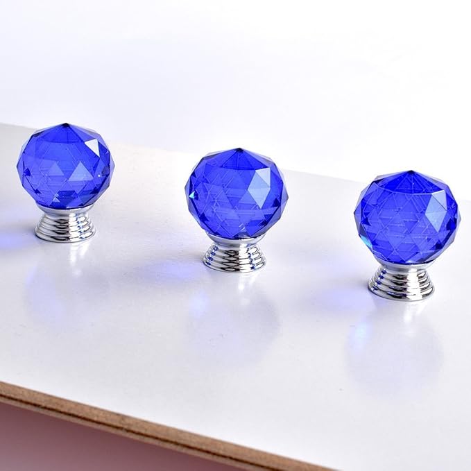12 Pcs 30mm Round Shape Crystal Glass Cabinet Knobs with Screws Drawer Knob Pull Handle Used for Kitchen, Dresser, Door, Cupboard（Blue）