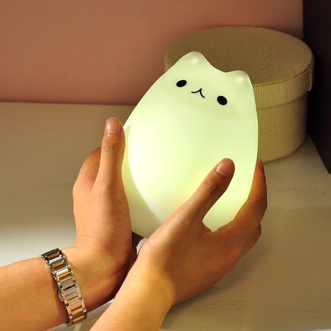 WoneNice Cute Kitty Night Light, Rechargeable Silicone Cute Lamp with Warm White & 7-Color Breathing Modes, Touch Sensor Control, Gift for Women Mom Teen Girls Kids Toddler Baby