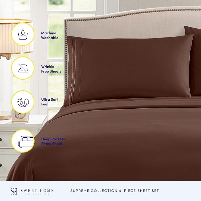 Queen Size Bed Sheets - Breathable Luxury Sheets with Full Elastic & Secure Corner Straps Built In - 1800 Supreme Collection Extra Soft Deep Pocket Bedding Set, Sheet Set, Queen, Brown
